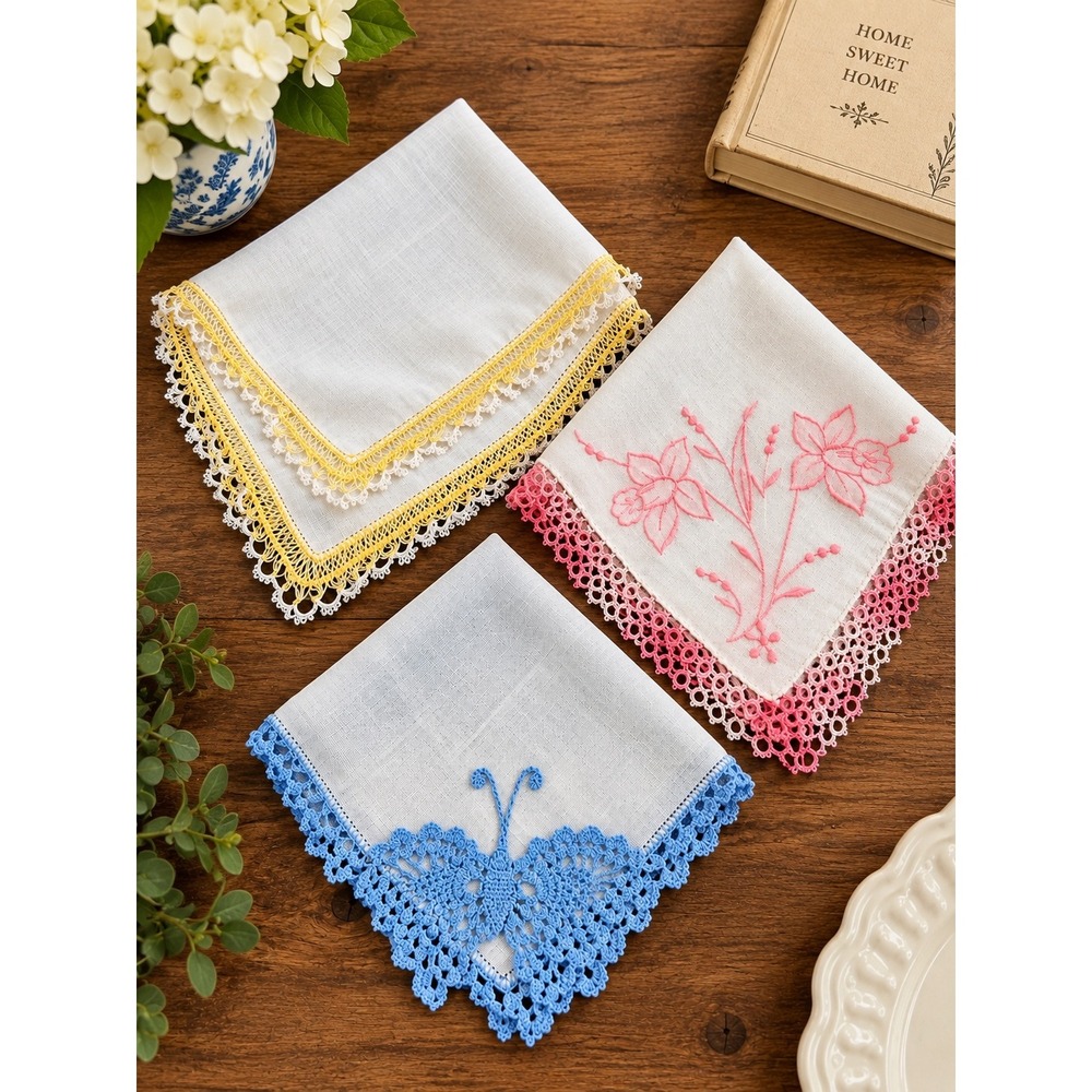 Vintage Handkerchief Set 3 Embroidery Crochet Butterfly Pink Blue Yellow Lace
